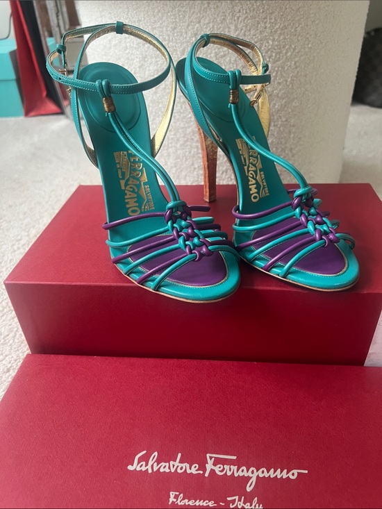 Salvatore Ferragamo Shoes - Salvatore Ferragamo Teal and Purple Strappy Knotted High-Heel Sandals